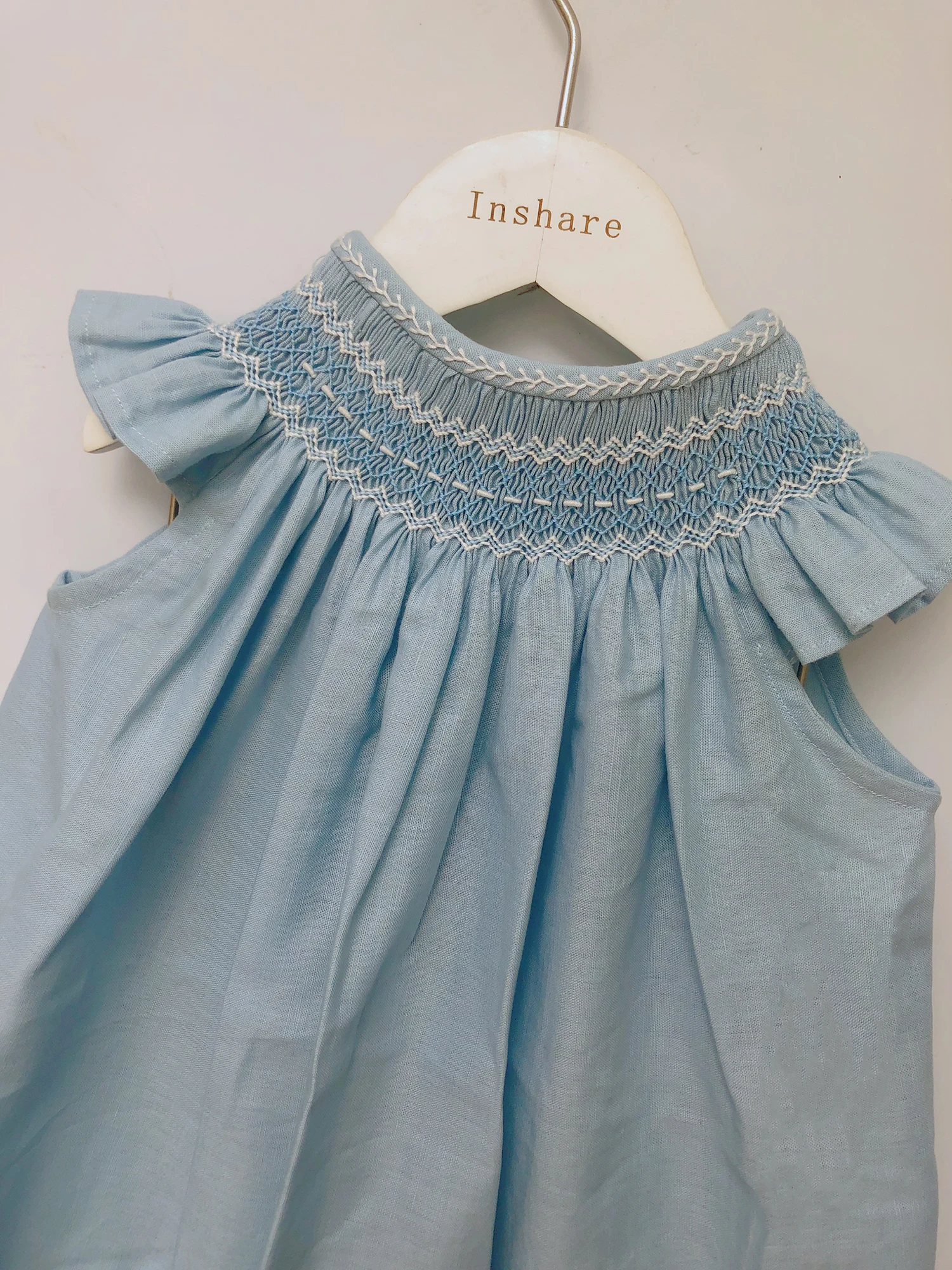 Girls Smocking Bishop Dress Summer Blue Cotton And Linen Flying Sleeve Handmade Skirt Children\'s Boutique Clothing