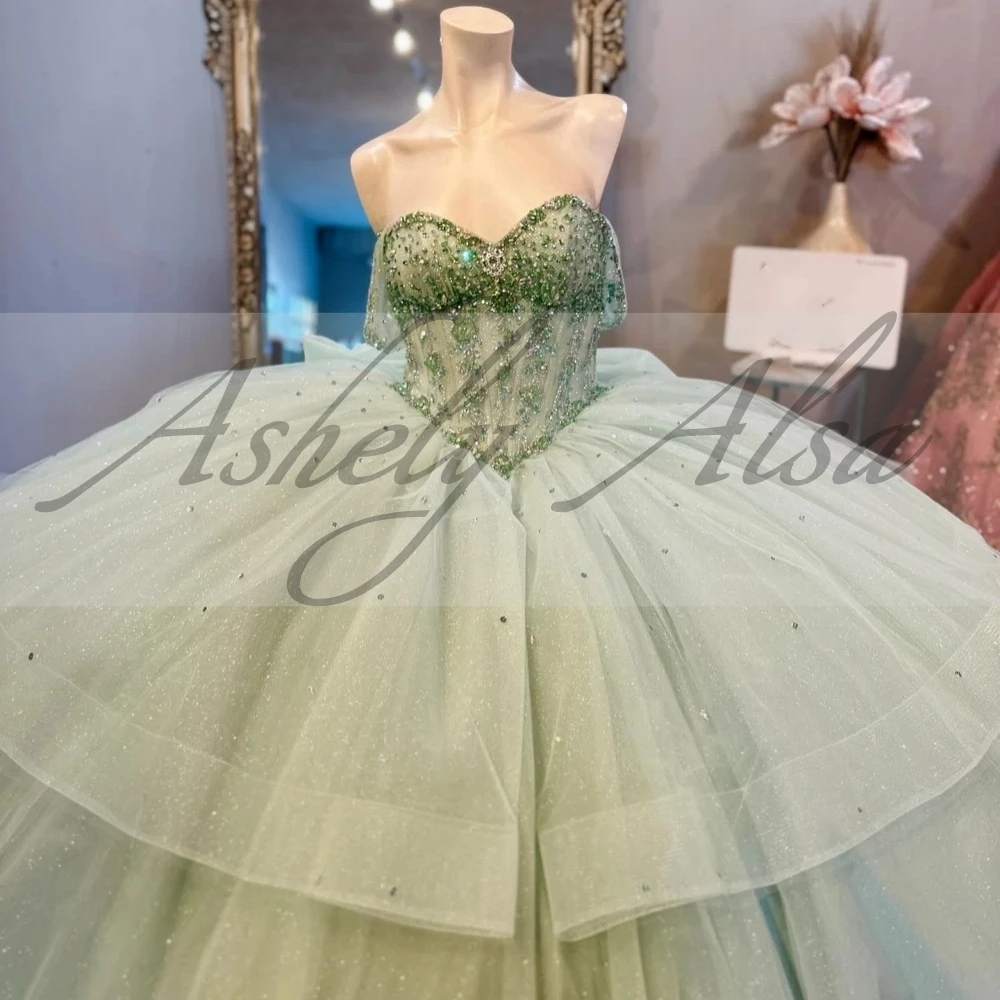 Mexican Sage Green Quinceanera Dress Ball Gown Lace Applique Beading Tiered Corset Sweet 16 Vestido De 15 Anos Prom Party Dress