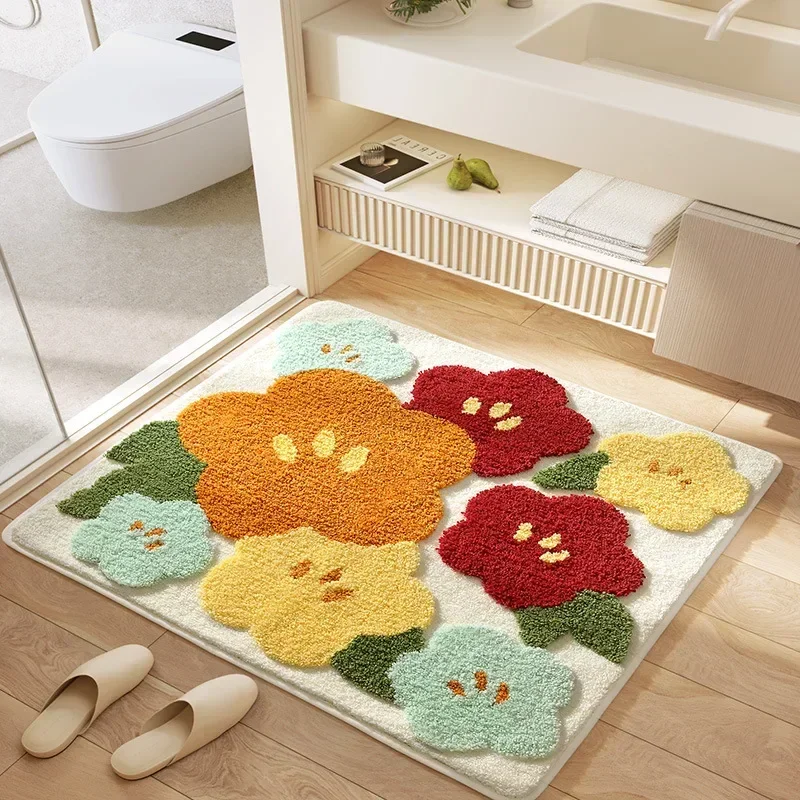 Square Floral Bath Mat, Ultra Plush Absorbent Bathroom Rug, Non-Slip Backing & Soft Touch Surface, Floor Mats for Bathroom Decor