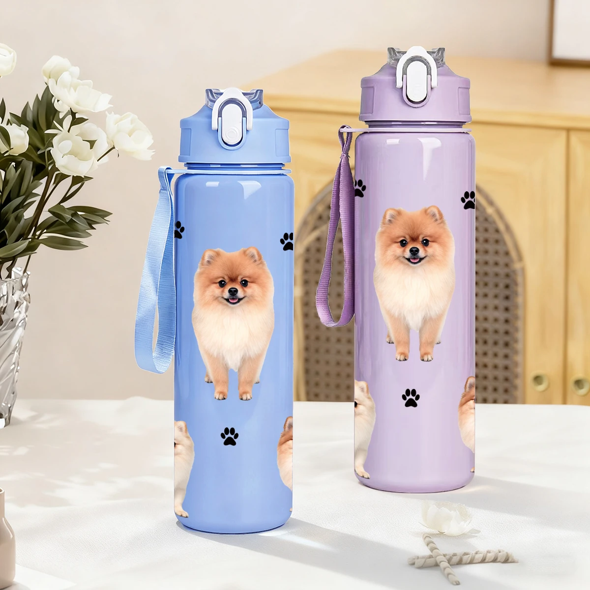 750ml Portable Sports Water Cup with Cute Animal Print Leakproof Lid for Fitness Hiking and Travel