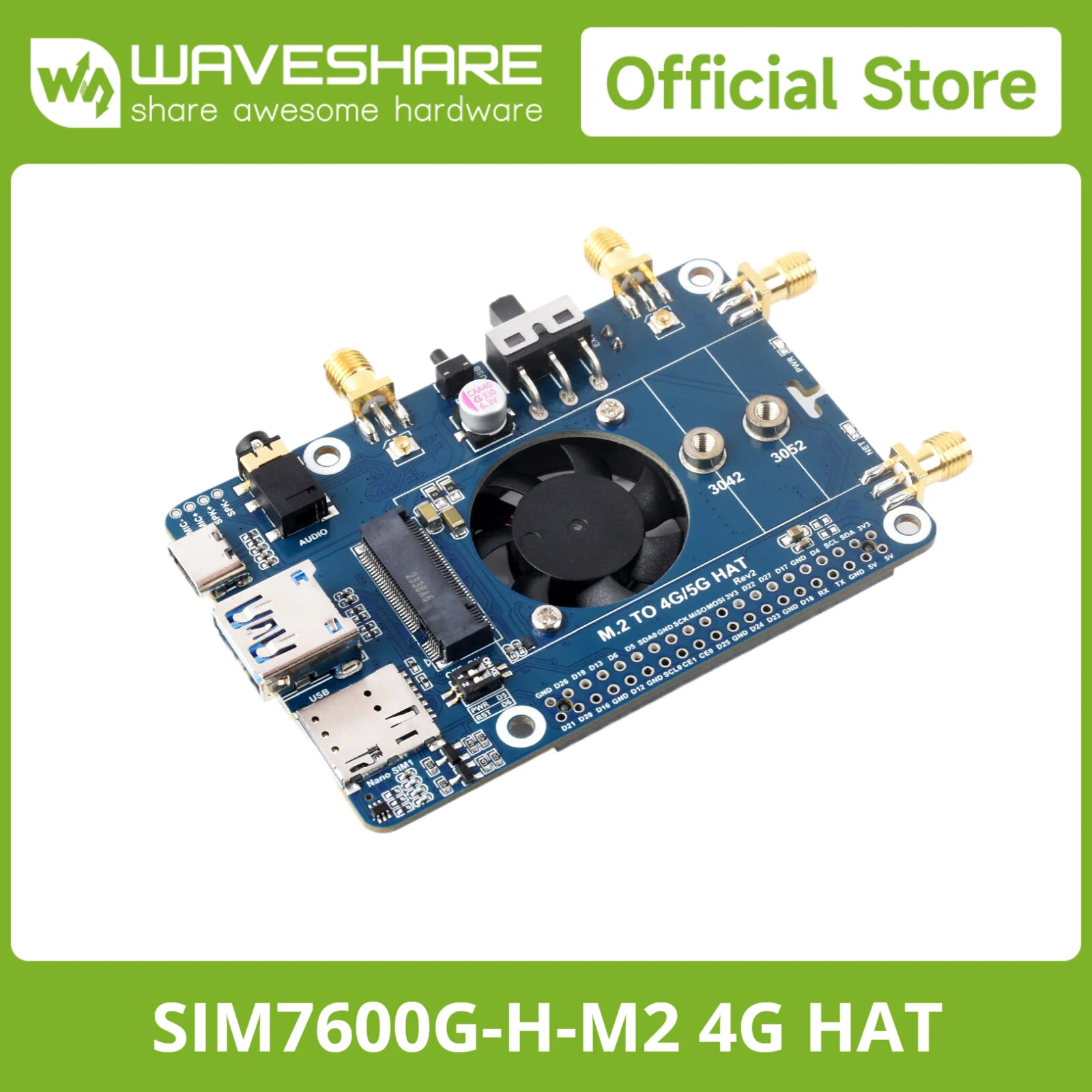 Waveshare SIM7600G-H M.2 4G HAT für Raspberry Pi LTE, LTE CAT4 High Speed, Raspberry Pi SIM, Cellular, 4G/3G/2G, GNSS, Global Band
