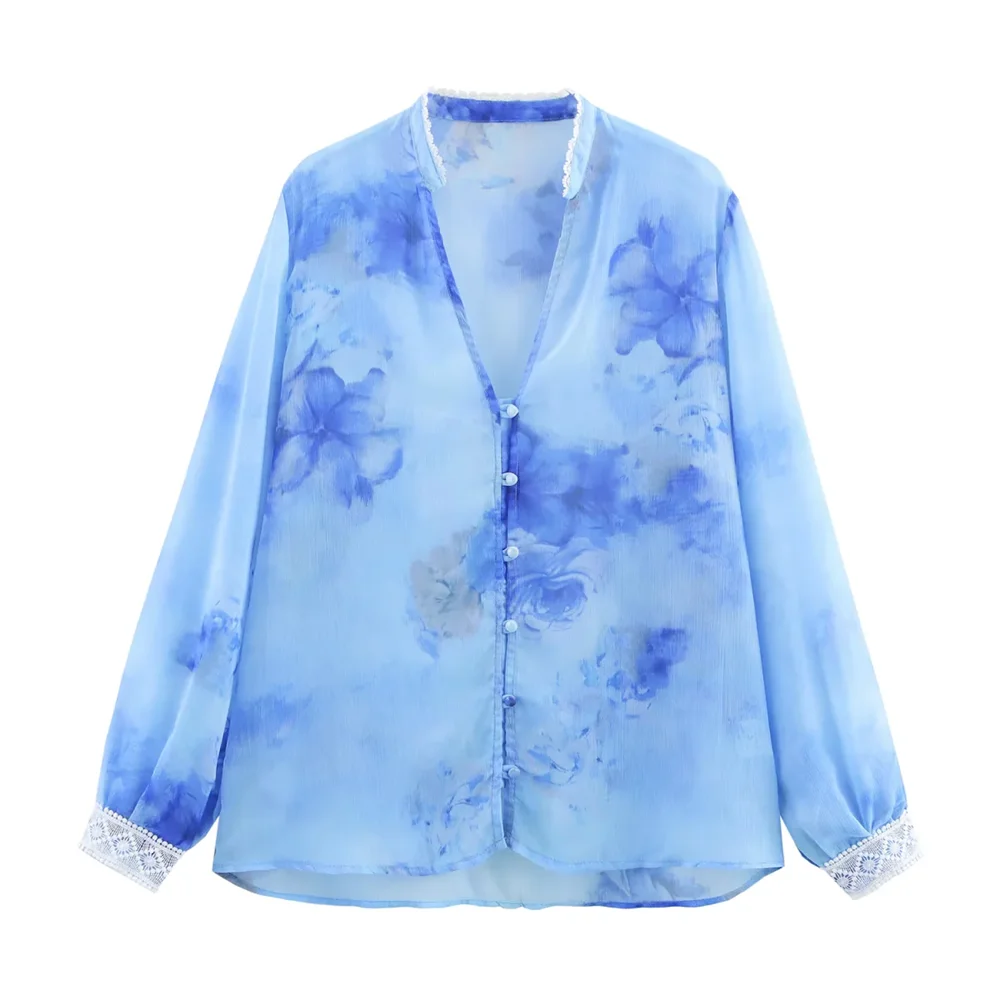 

BSK&TRAF2025floral print round neck semi-transparent long-sleeved blouse summer new women's casual shirt