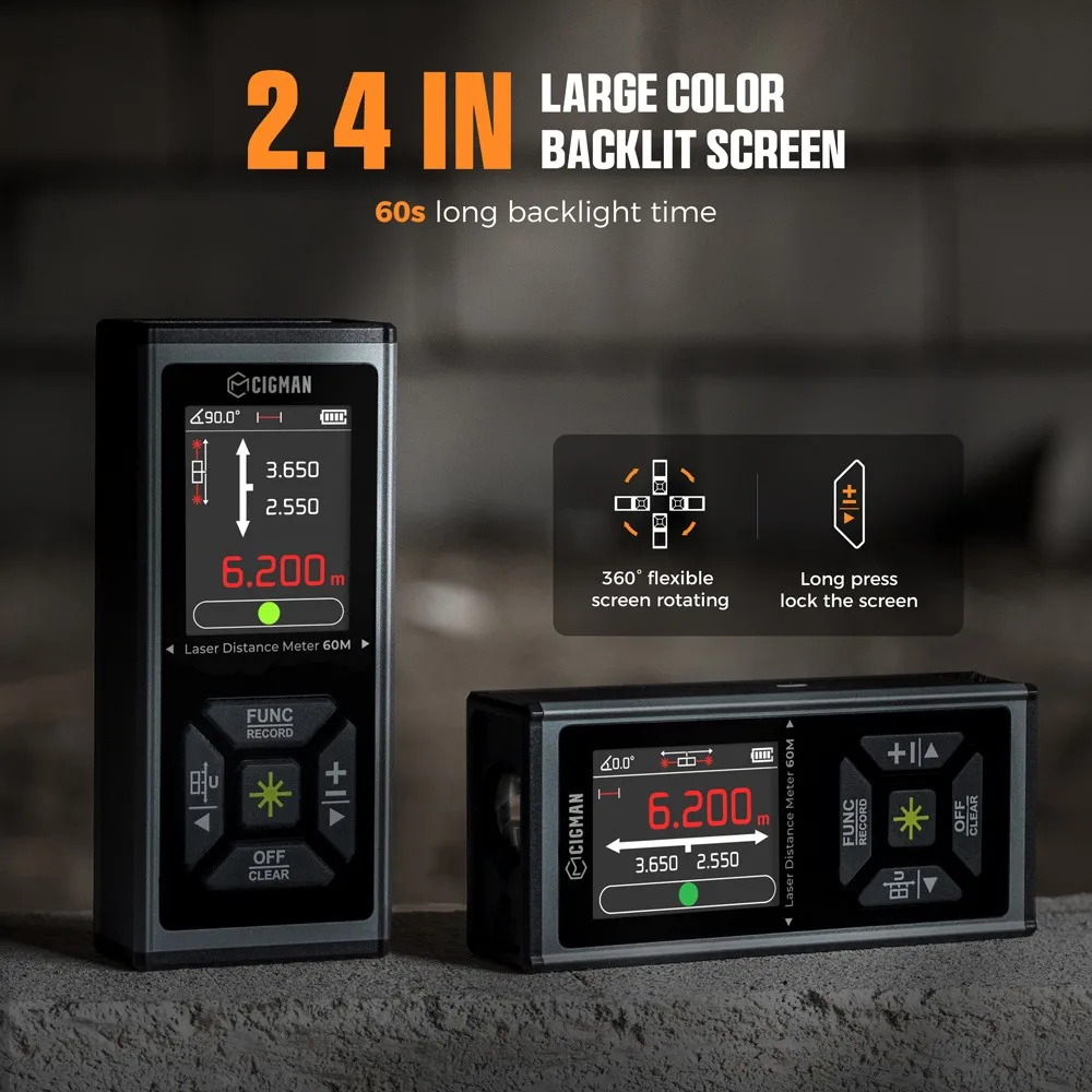 CIGMAN CD-60G 393ft/120M قياس ليزر أخضر ثنائي، مع وحدات متعددة Ft/in/M، بطارية 850 مللي أمبير قابلة لإعادة الشحن