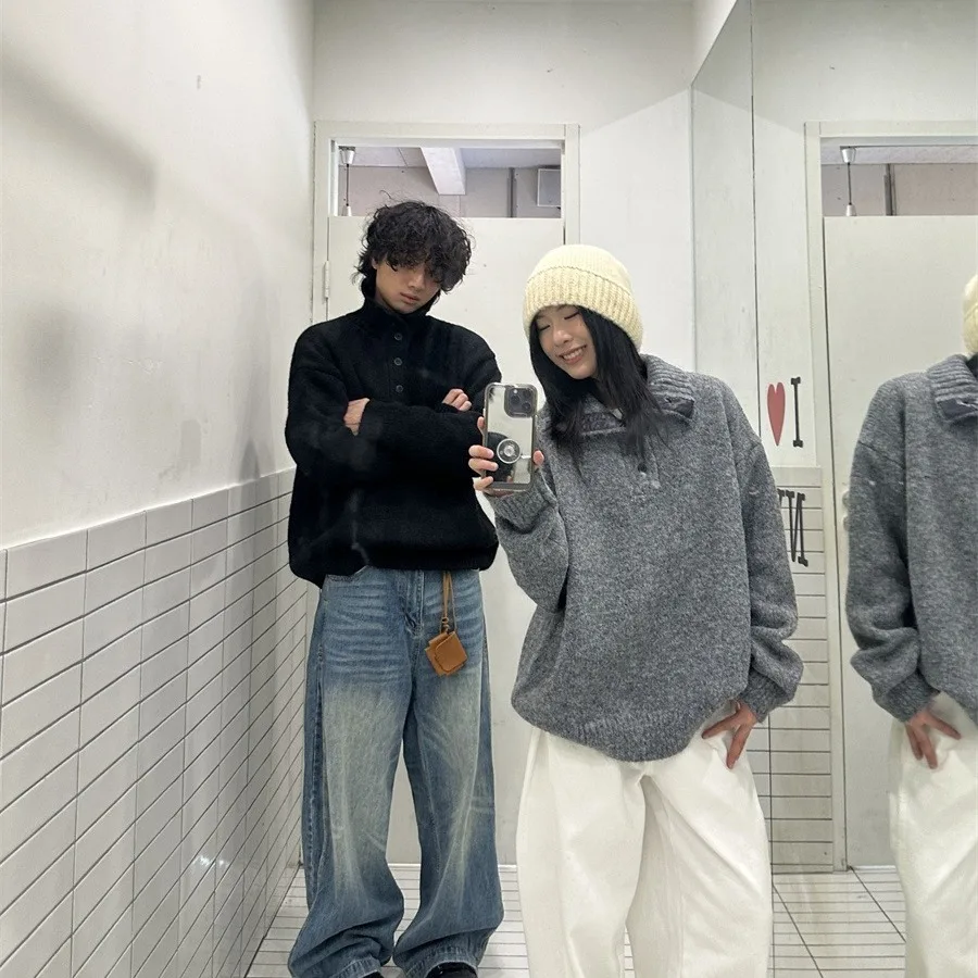 

Men's ey Long Sve Knitted Sweater Henry Collar Warmth Autumn Winter Large Size Korean Sle round Ne Pullover Knitwear