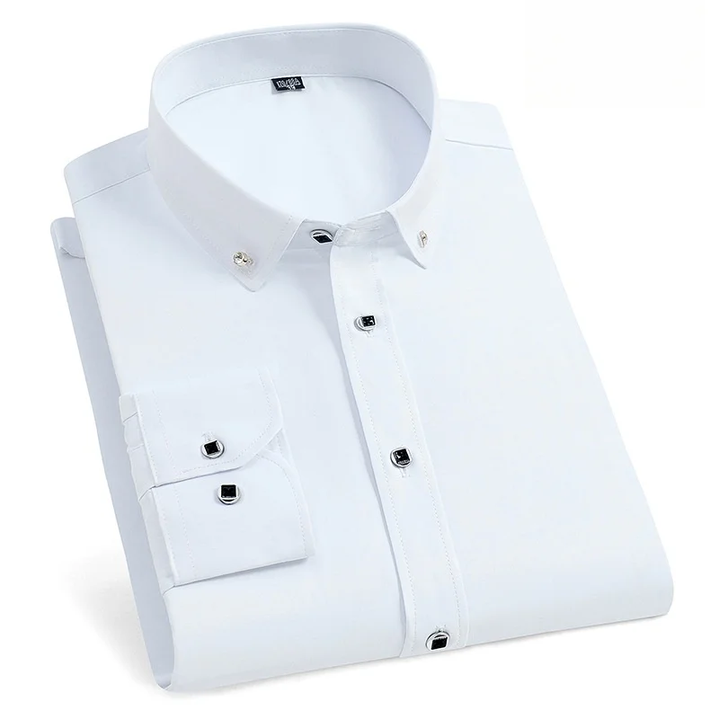 New Men Business Dress Shirt Formal Fashion Thin Classic Basic Diamond Button Long Sleeve Social White Office Shirt Men Clothing