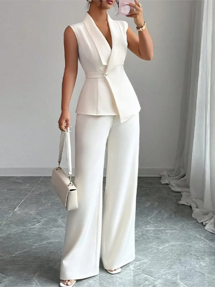 

Элегантный однотонный жилет, прямой брючный костюм, женский осенний модный повседневный элегантный топ, комплект из 2 предметов, женская одежда