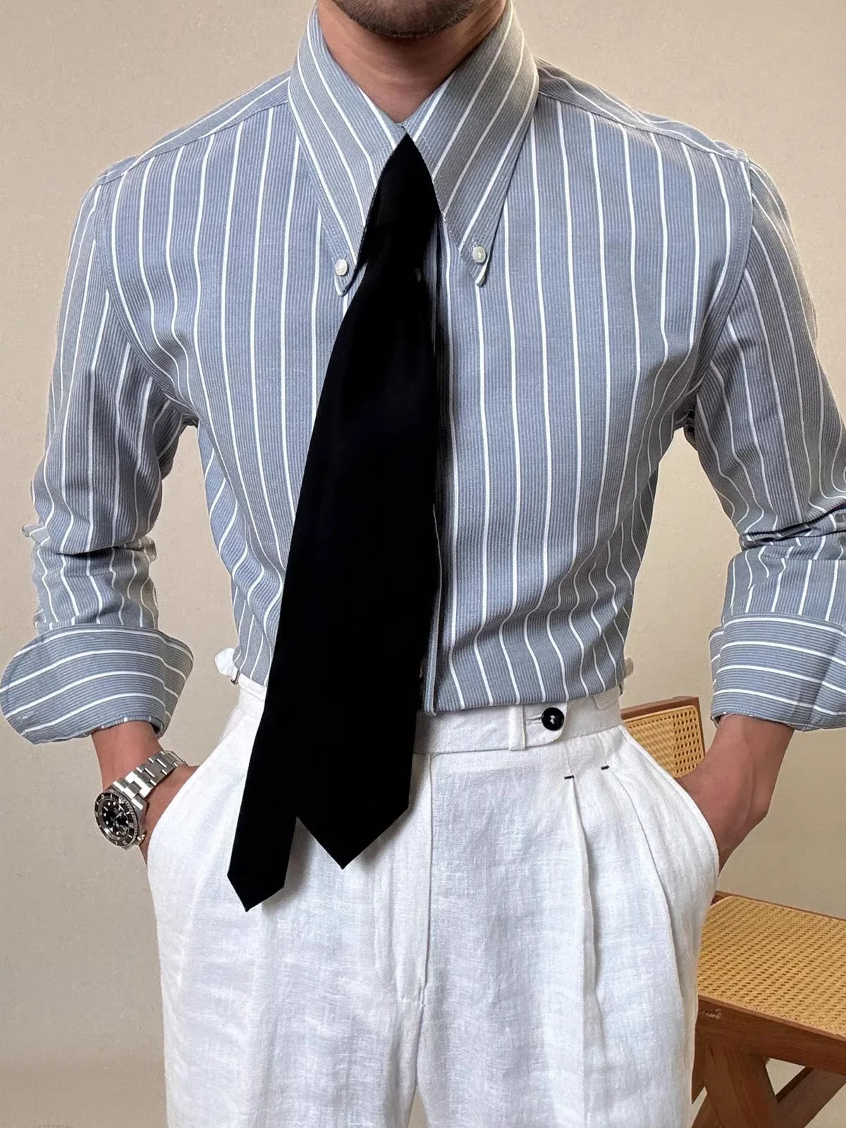 

Spring Anti-Wrinkle Tianan Cotton Italian Gentleman Long Point Collar White Stripes Men's Long Sve Casual Busin irt