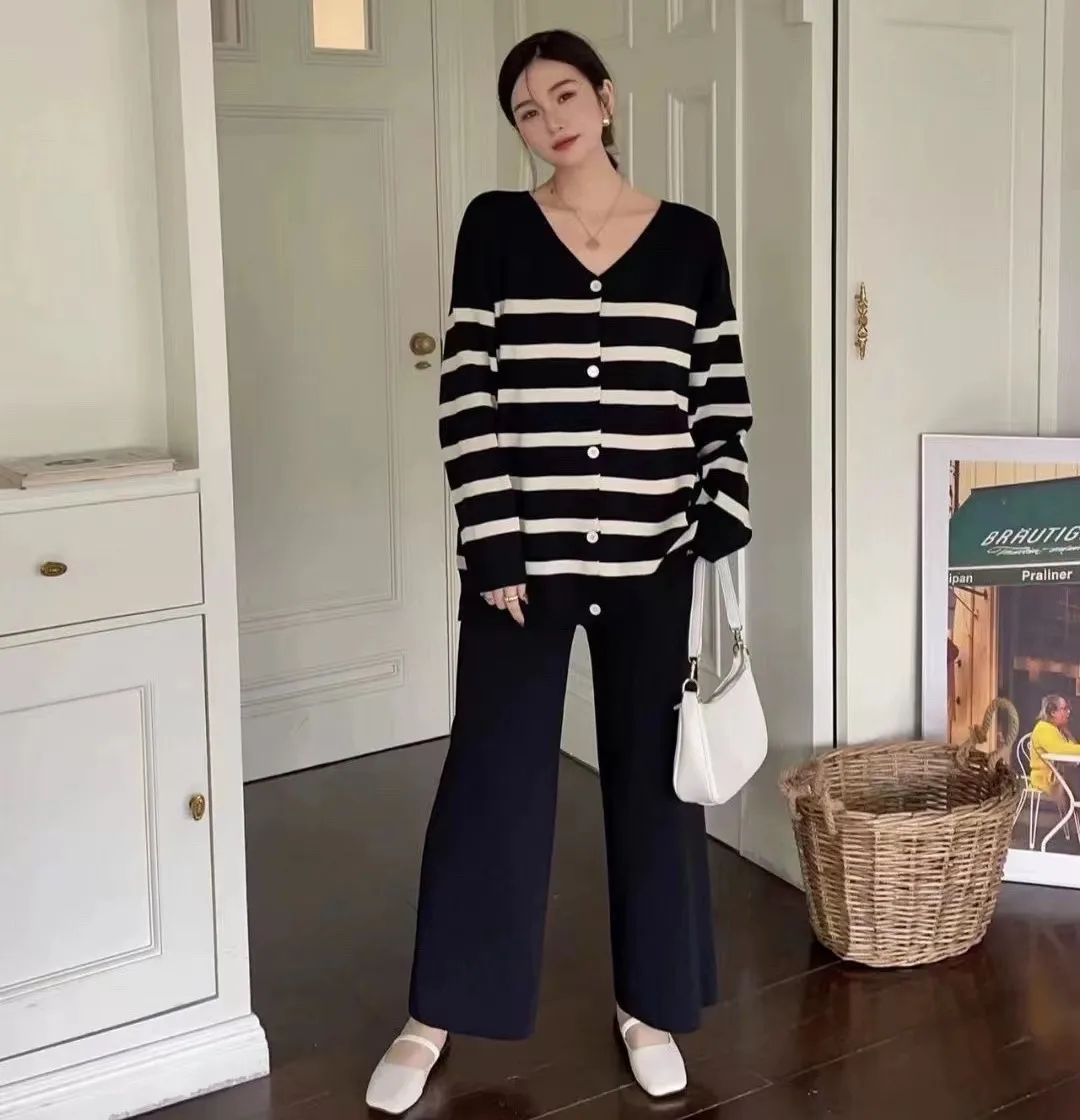 New Oversized Striped Knitted Two Piece Set for Women V-neck Casual Loose Sweater + Wide Leg Pants Sets Korean Fashoin Outfits