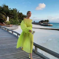 Fluorescent Green Party Dresses Pleated Ankle Length Prom Dress Loose Sleeve Off Shoulder Fashion Prom Gowns Trendy