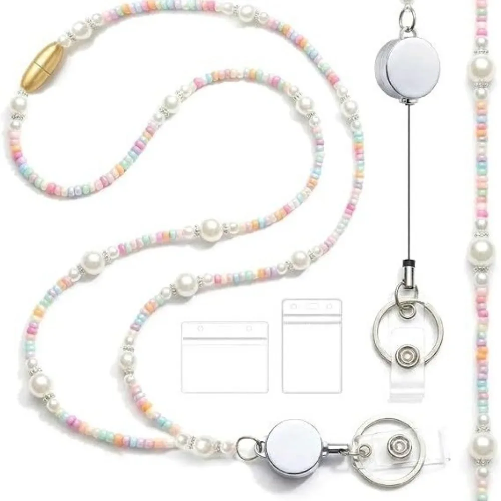 With Clear Card Mobile Phone Beaded Lanyard Waterproof Detachable Phon Retractable Badge Holder Colorful Beaded Retractable