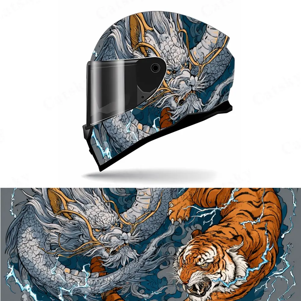Dragon - Tiger Thunder Helmet Vinyl Wraps, Waterproof Scratch-Resistant Full Face Helmet Decals, Durable PVC Artistic Design, In