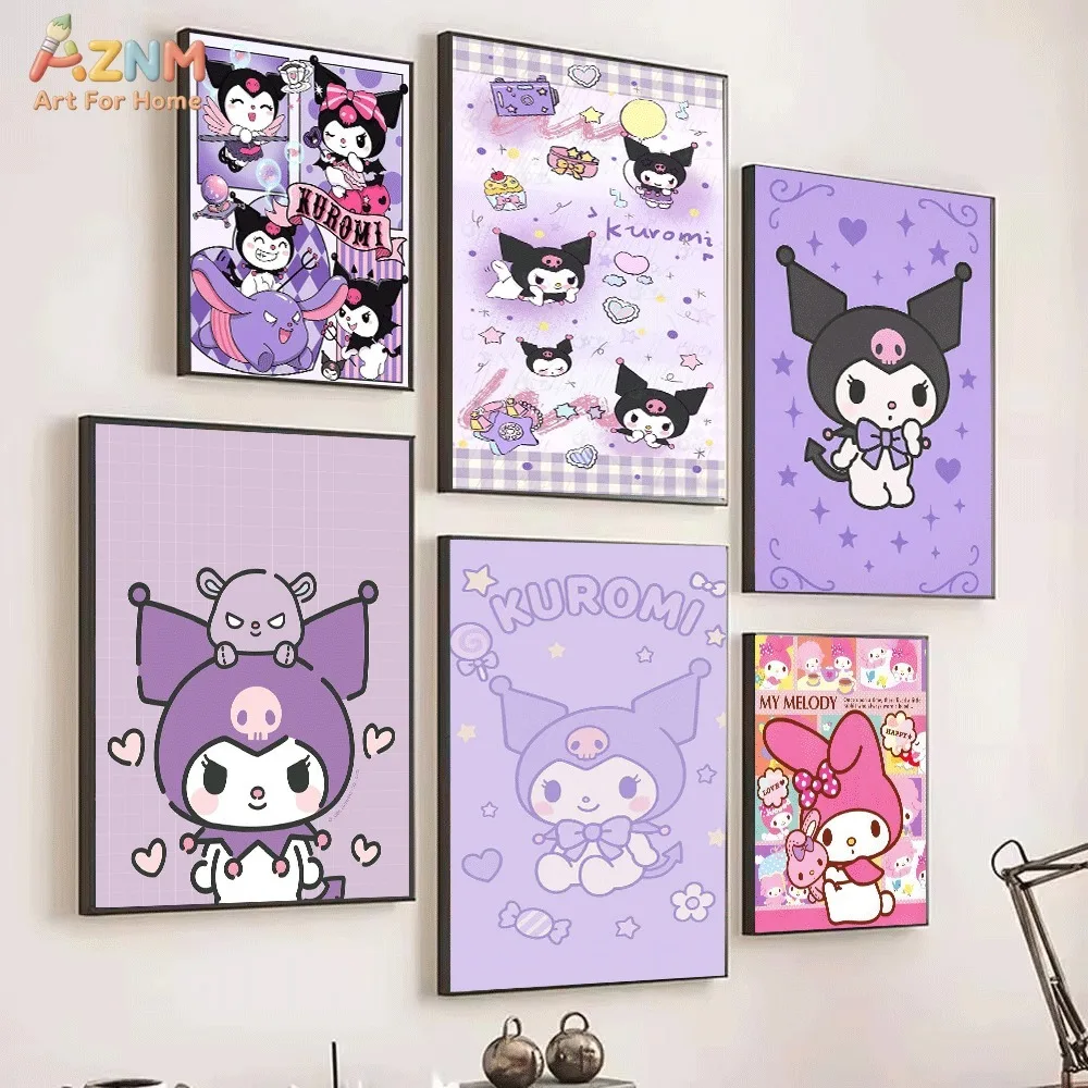 AZNM Kuromi Canvas Wall Art Cute Purple Diamond Lattice Cartoon Poster Print Kawaii Girls Bedroom Decor Unframed Canvas Painting