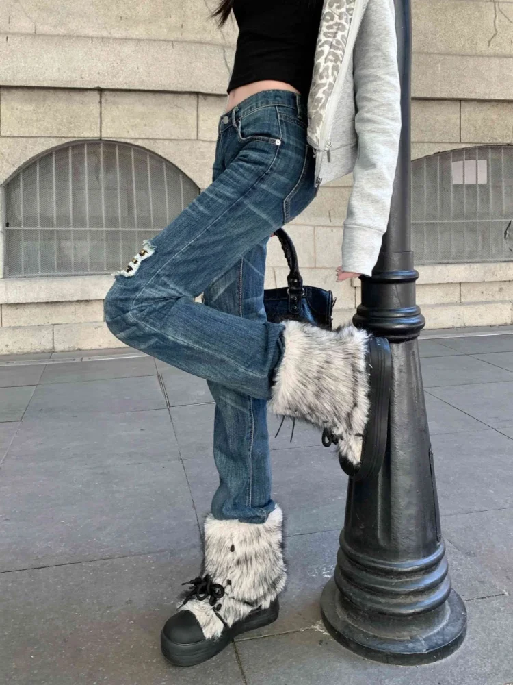 กางเกงยีนส์ขาดทรงสลิมสไตล์อเมริกันย้อนยุค Y2K ปี 2025 ประดับหมุด แฟชั่นใหม่สำหรับผู้หญิง เอวต่ำ สีน้ำเงินฟอก