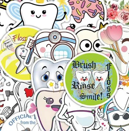 50Pcs Dental Stickers Cartoon Decoration Tooth Shaped Sticker Dentistry Dental Clinic Decals Early Childhood Education Supplies