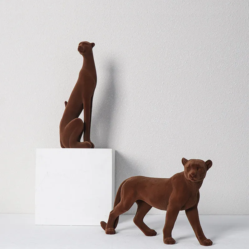 Flocked Panther Statue Resin Leopard Sculpture Luxury Home Decor Animal Figurine Living Room TV Cabinet Office Tabletop Ornament