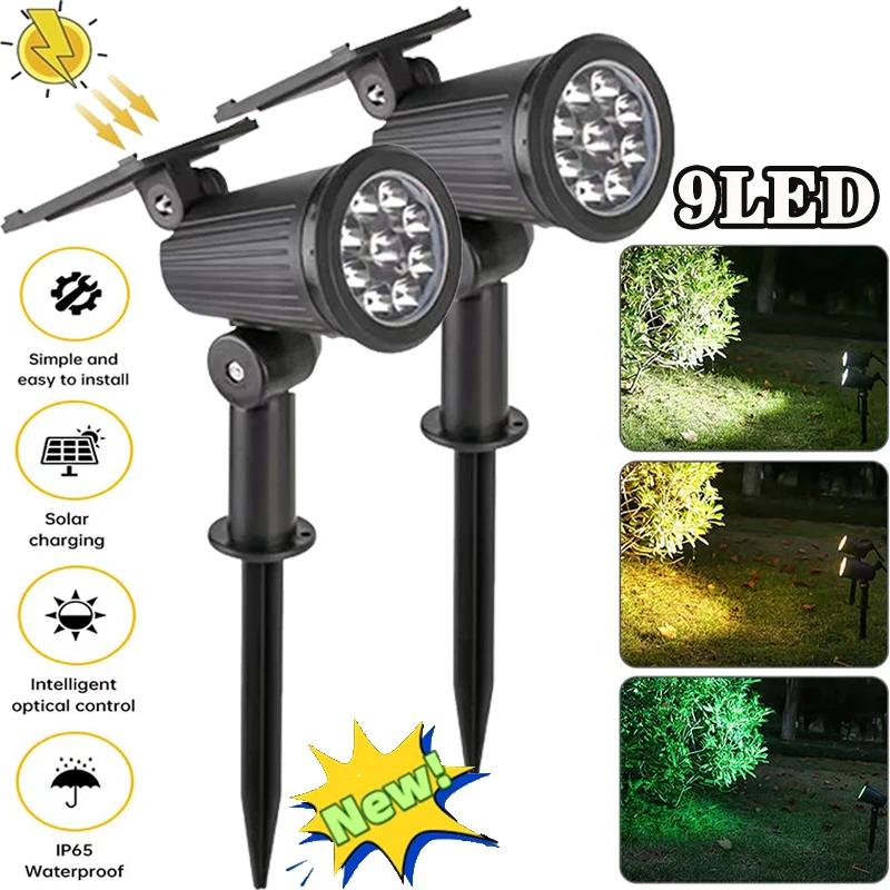 Lámpara alimentada por energía Solar de 1/2 piezas, 9LED, foco Solar ajustable en el suelo, IP65, impermeable, luz de pared para paisaje, iluminación exterior