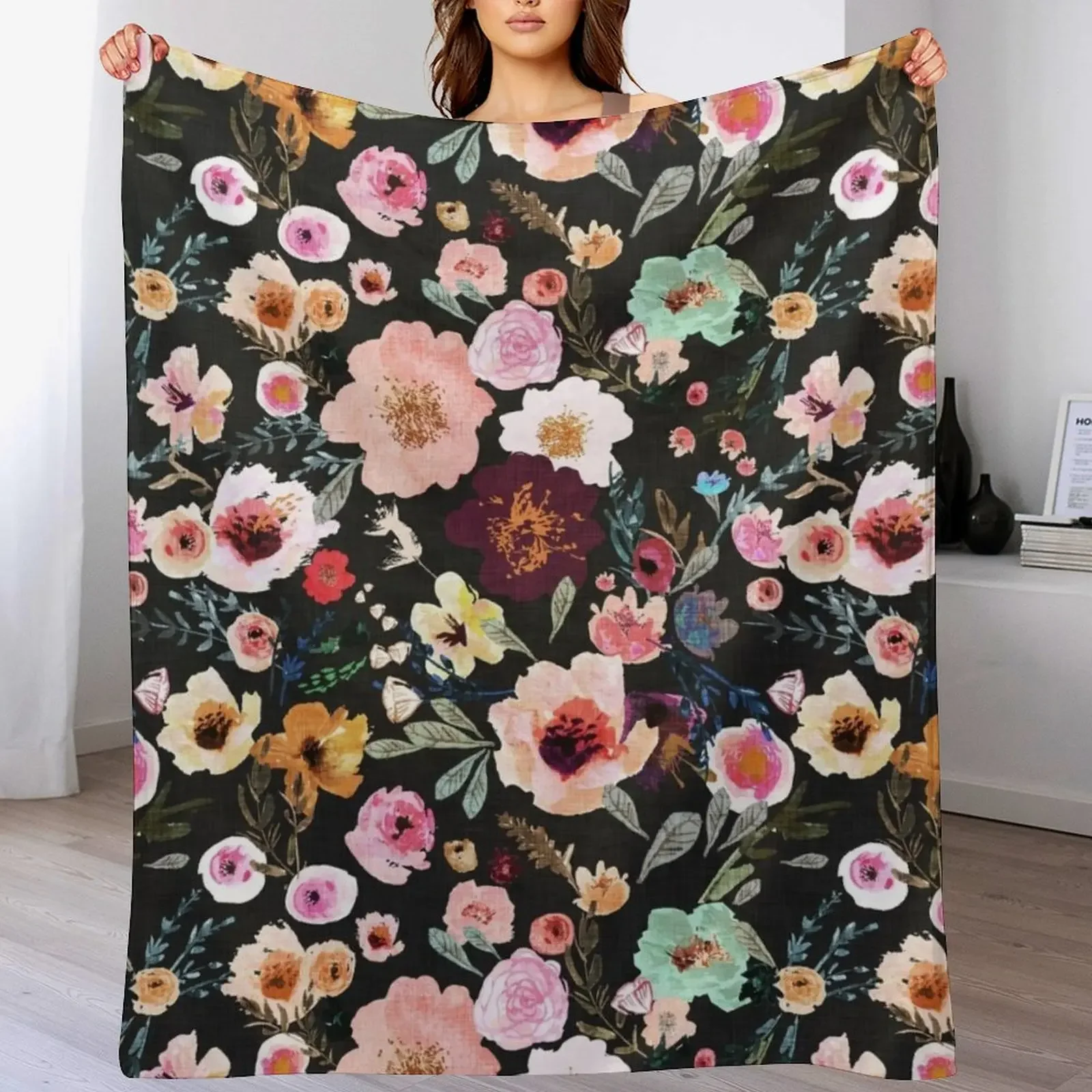 Burst into Bloom (midnight) Throw Blanket Retros Large Blankets