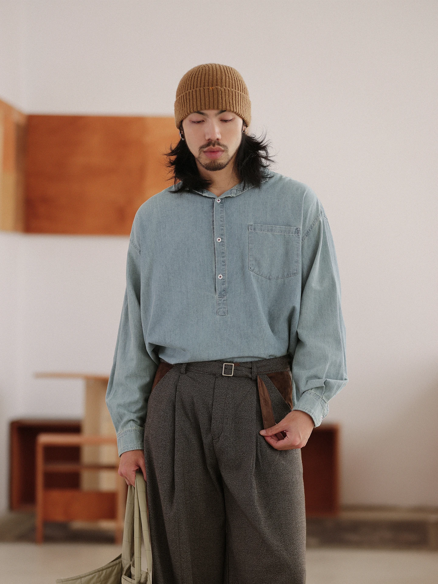 

Noears Japanese Sle Vintage Denim Blue Waed Long Sve irt Spring Autumn f Button up Loose Fit Men's Breathable Cot...