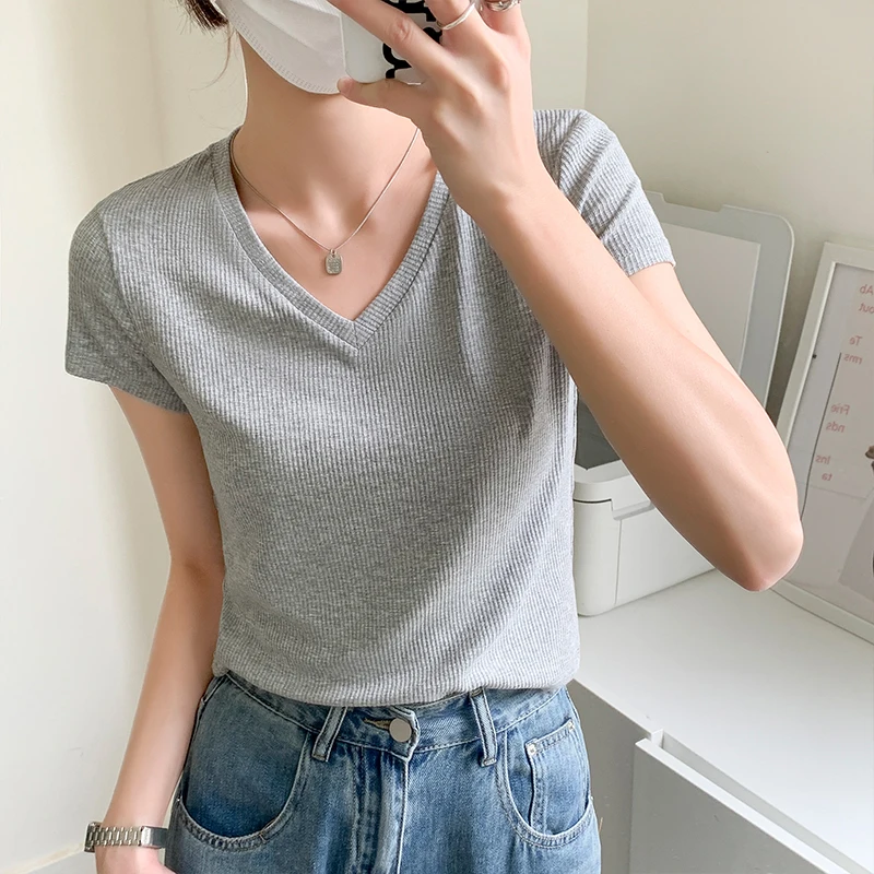 

Gray V-neck Short-sleeved Summer New Female T-Shirt Short Design Woman Cotton Tops Casual Slim Girls Tees Shirts Solid Color