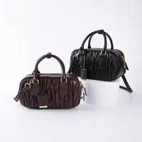 Premium Soft Lambskin Bowling Embroidered Folded Handbag Genuine Leather Small Square Bag Single Shoulder Slant Cross Middle Vin
