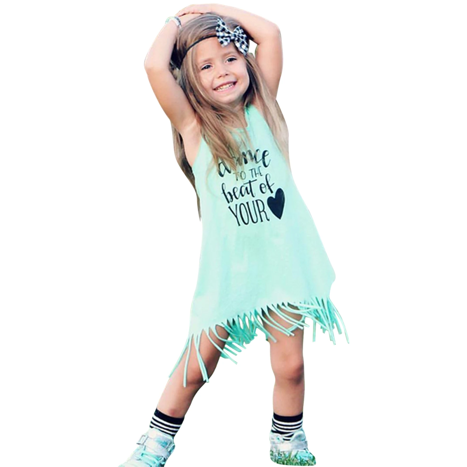 Girl’s Summer Casual Sleeveless Dress Unique Letter Round Neck Tassel Straight Princess Dress
