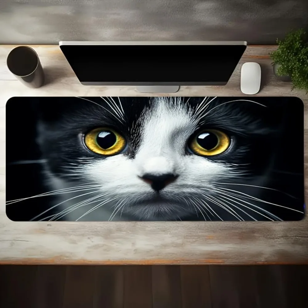 Large Black White Cat Desk Mat 3D Realistic Cat Face Extended Mouse Pad for Gaming Office