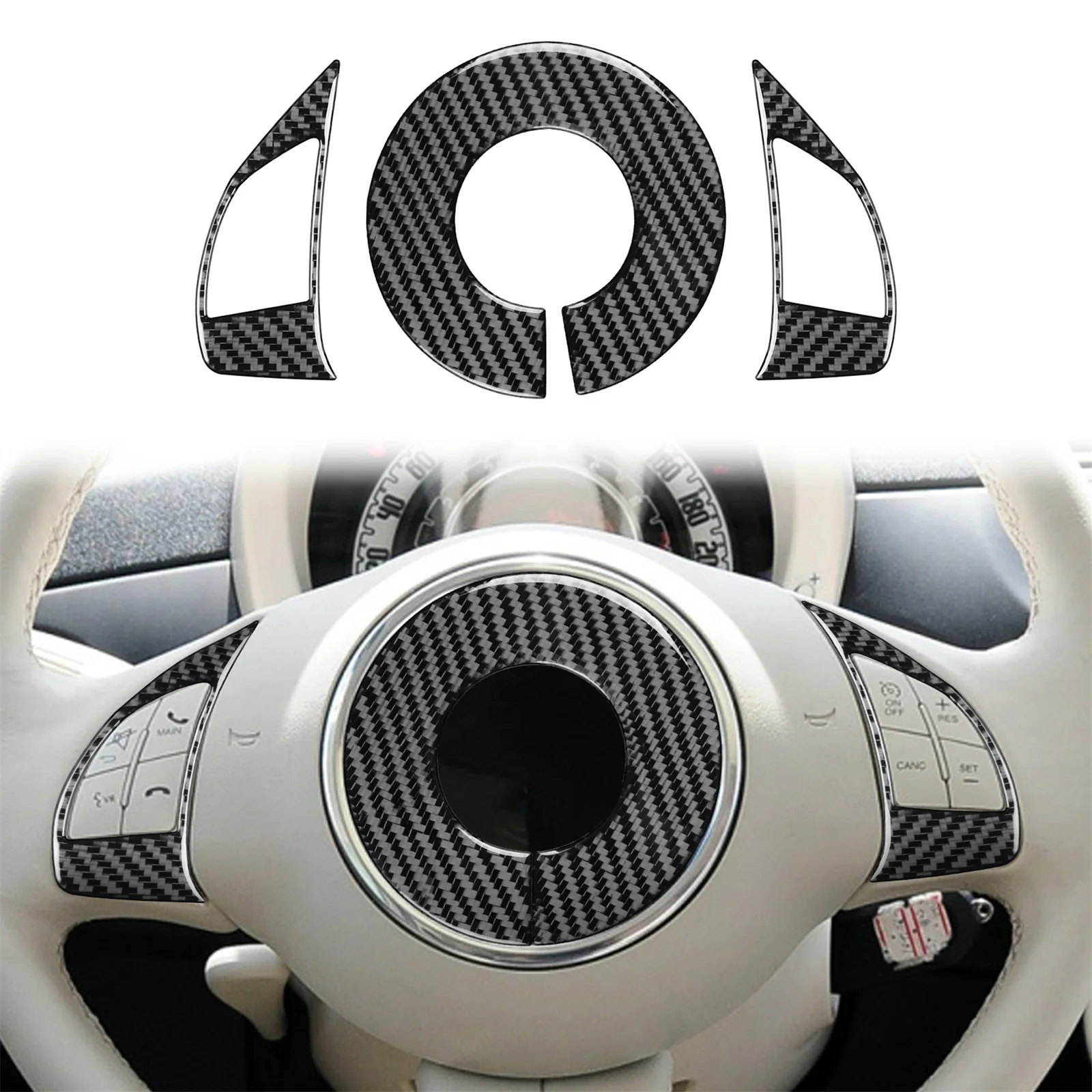 3Pcs Steering Wheel Accent Cover Trim Carbon Fiber Interior Moulding Sticker For Fiat 500 2012-15 Interior Accessories