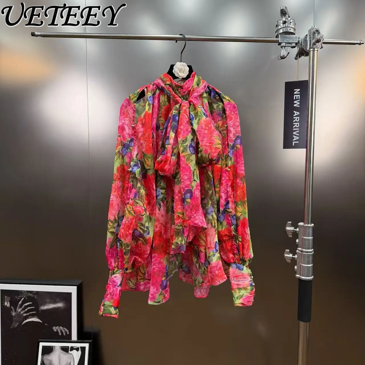 

Vintage Printed Ribbon Organza Shirt for Women Elegant Fashion Versatile Long Sleeve Blouse Unique Design Fairy-like Tops