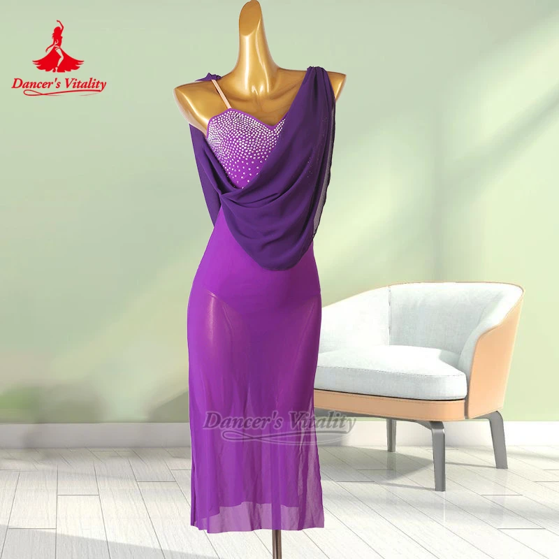 Latin Rumba AB Stones Mid-length Dress Dancer's Vitality Adult Women Chacha Samba Jive Salsa Perform&Practice Clothing Customize