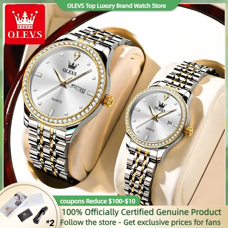 OLEVS Couple Watch Luxury Brand Business Waterproof Stainless Steel Watch Elegant Dress His or Her Diamond Quartz Couple Watch