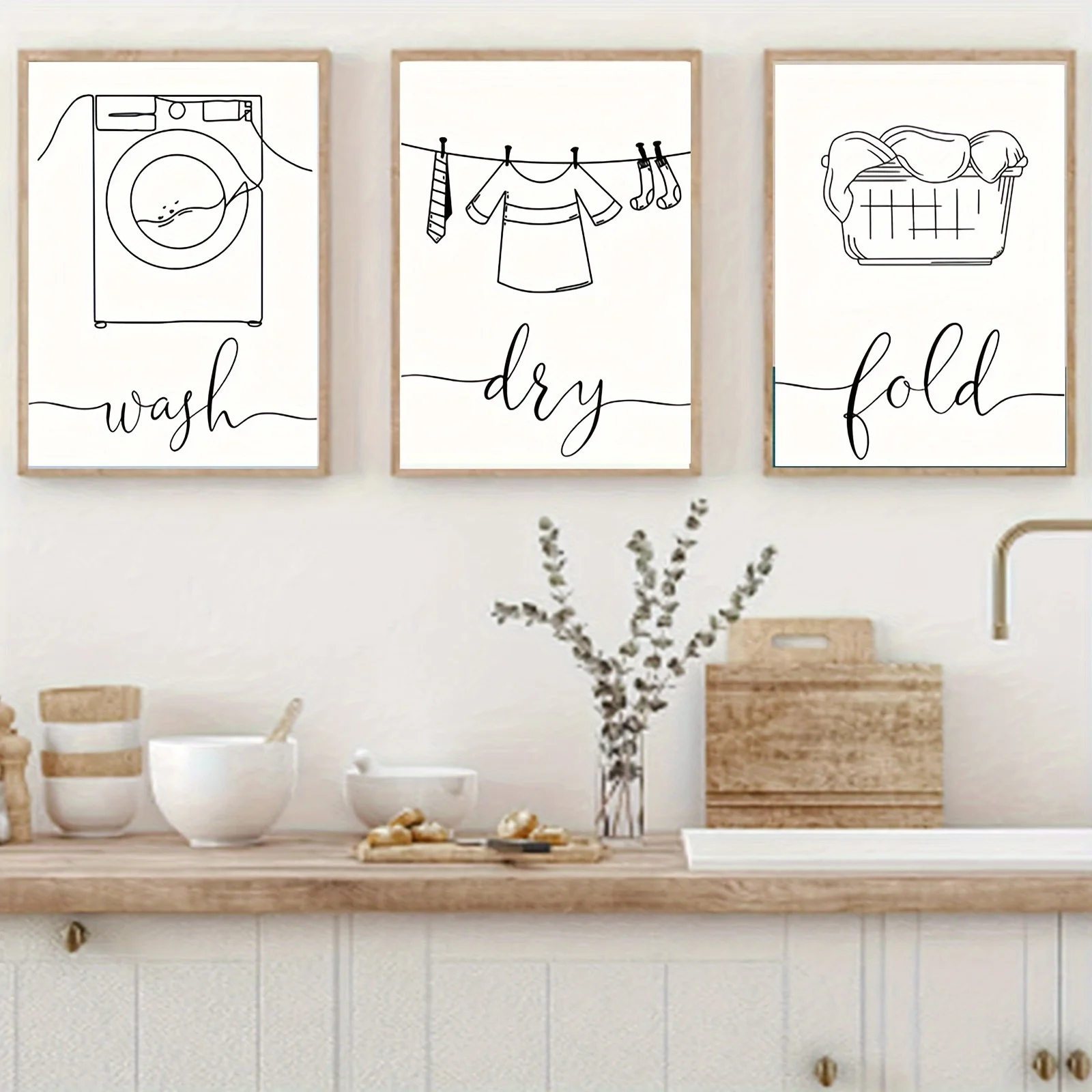 Juego de 3 Cuadros Decorativos de Lona para Lavandería - Estilo Rústico Art Deco con Letras Impresas - Tema de Paisaje Interior para K