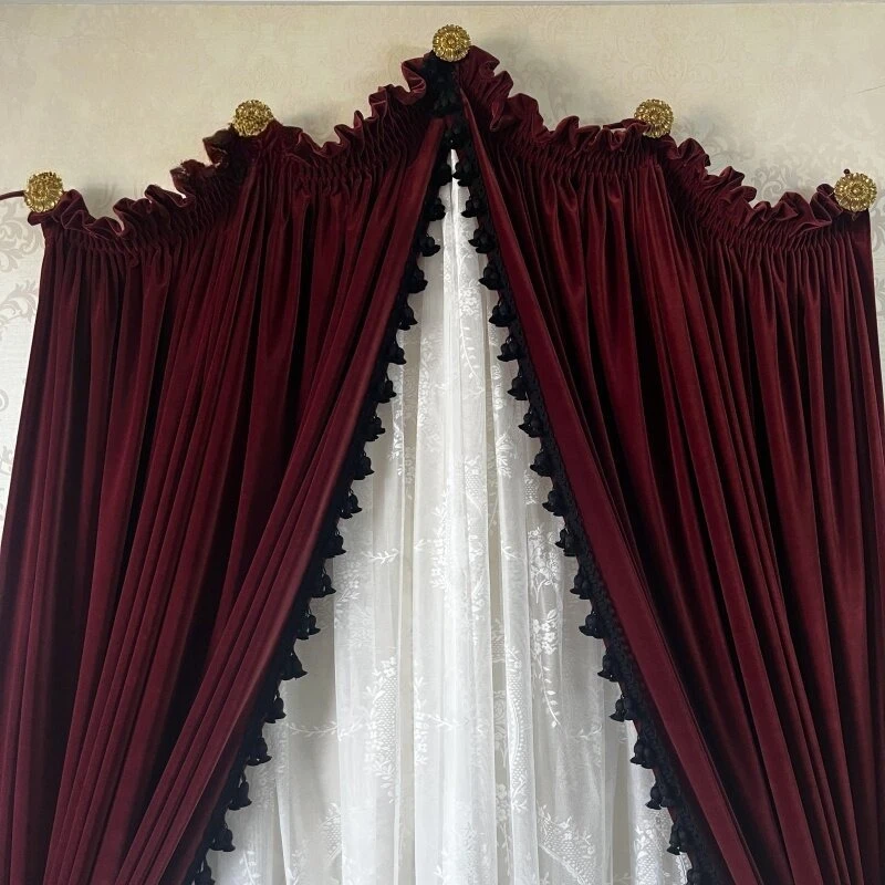 Vintage Dome Dark Red Velvet Drape Solid Full Blackout Thick Soft Curtain For American Home Decor