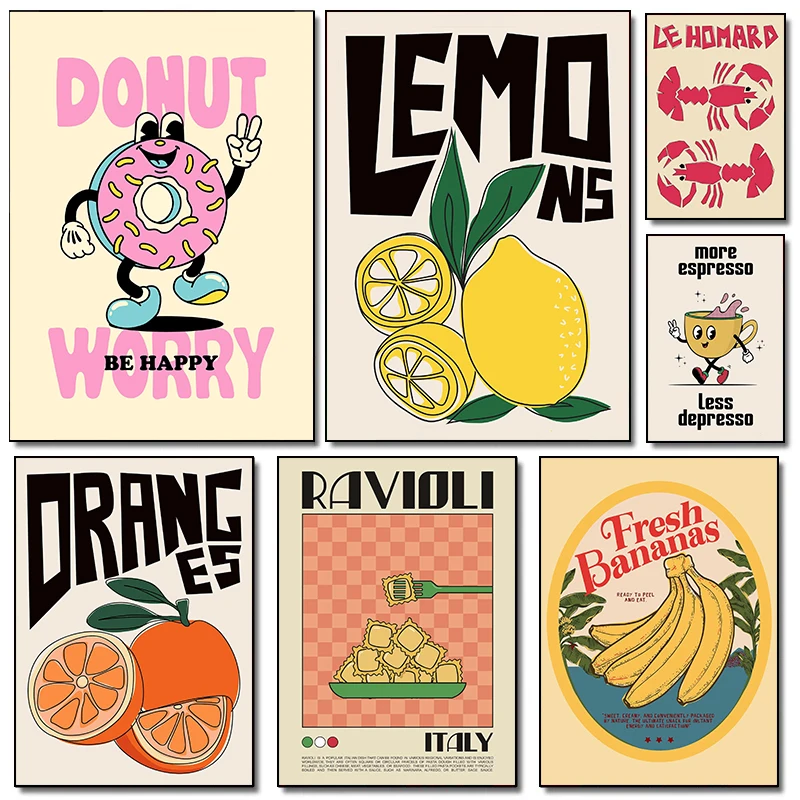 Arte de cocina Gourmet clásico, espagueti, plátano, limón, naranja, póster de moda, pinturas en lienzo, imágenes artísticas de pared, decoración del hogar