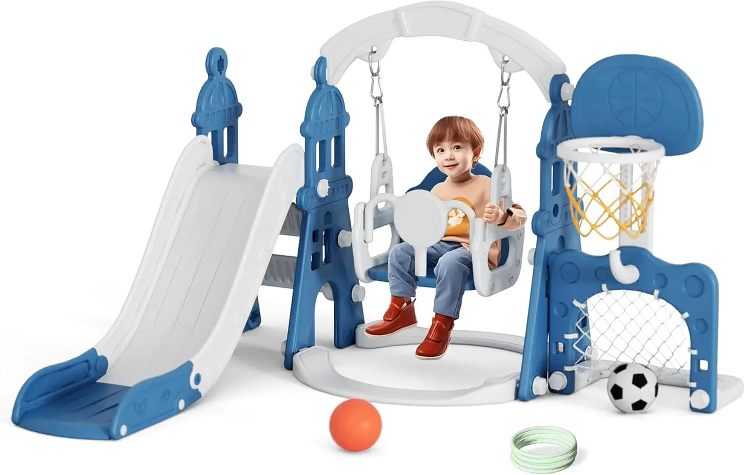 Juego de columpio y tobogán para niños pequeños 6 en 1, tobogán para niños de 1 a más años, juego al aire libre para niños pequeños con aro de baloncesto, marco de fútbol