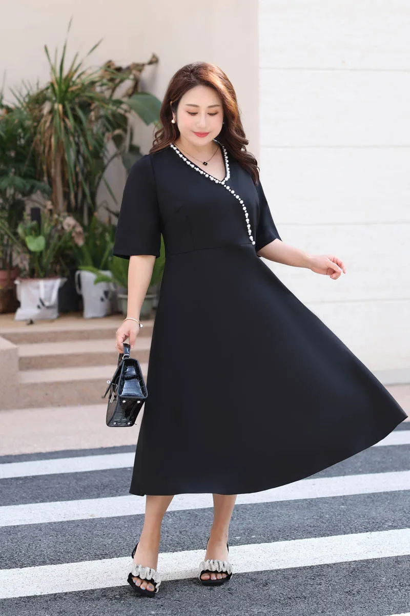 New 2023 Ladies Spring Summer Plus Size Dress For Women Large Size Short Sleeve V-neck Black Long Dress 4XL 5XL 6XL 7XL