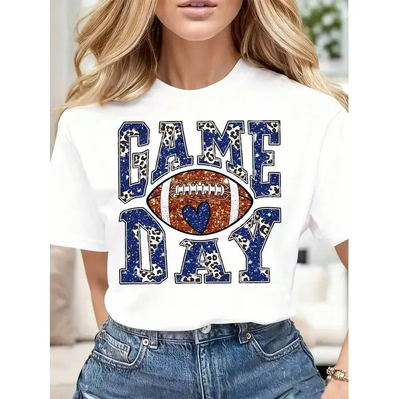 Game Day Football Leopard Print Glitter Blue And Gold Women's Casual T-Shirt Soft Comfortable Gift For Football Season Thanksgiving Christmas