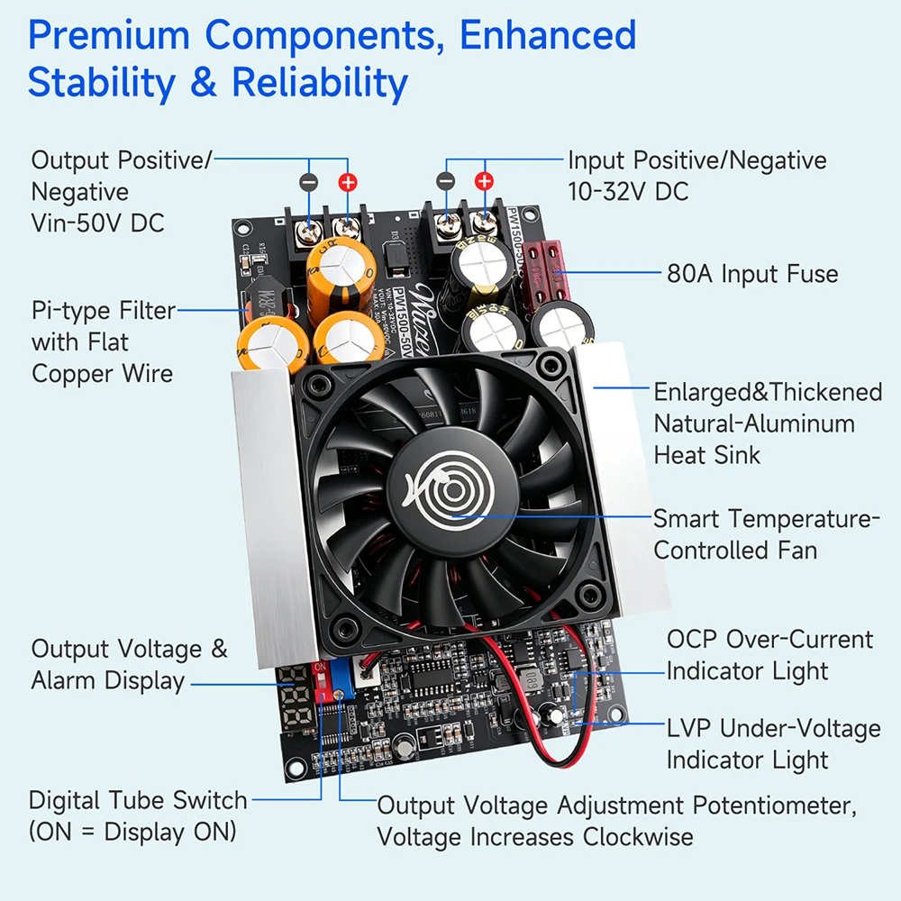 2000W 50A Boost Power Module for Audio Amplifiers DC 10-32V to 24V-50V Low-Ripple Full-Power Step Up Converter Voltage Regulator