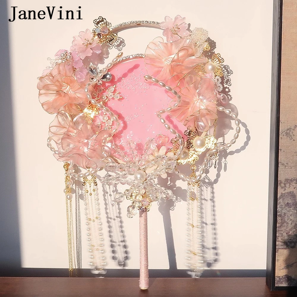 JaneVini Pink Pearls Beaded Bridal Flowers Hand Fan Luxury Handmade Fans for Weddings Bride Bouquet Chinese Decorative Hanfu Fan