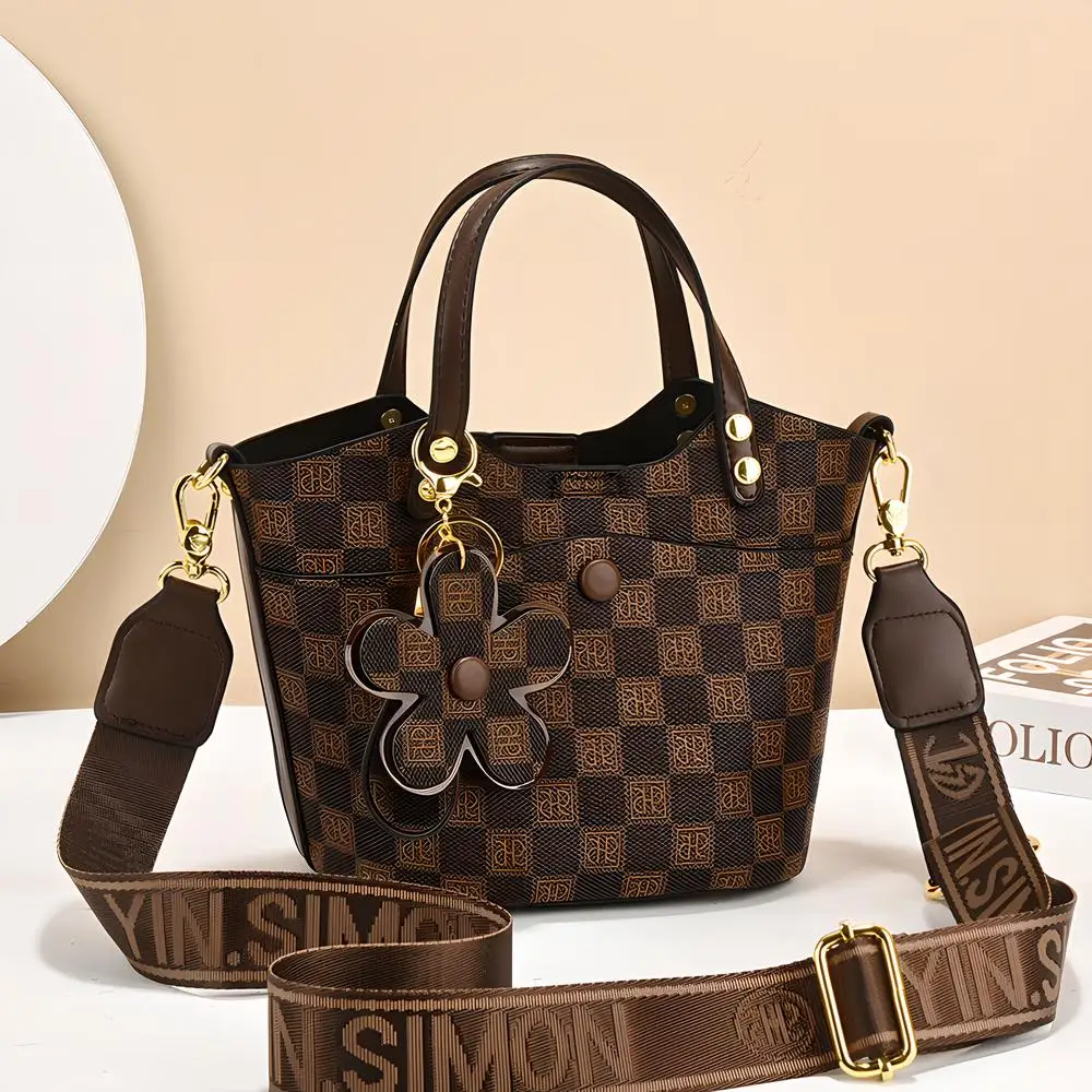 

Коричневая сумка через плечо, модная классическая женская сумка с принтом и верхней ручкой, уникальный дизайн, женская сумка-ведро для поездок на работу, покупок