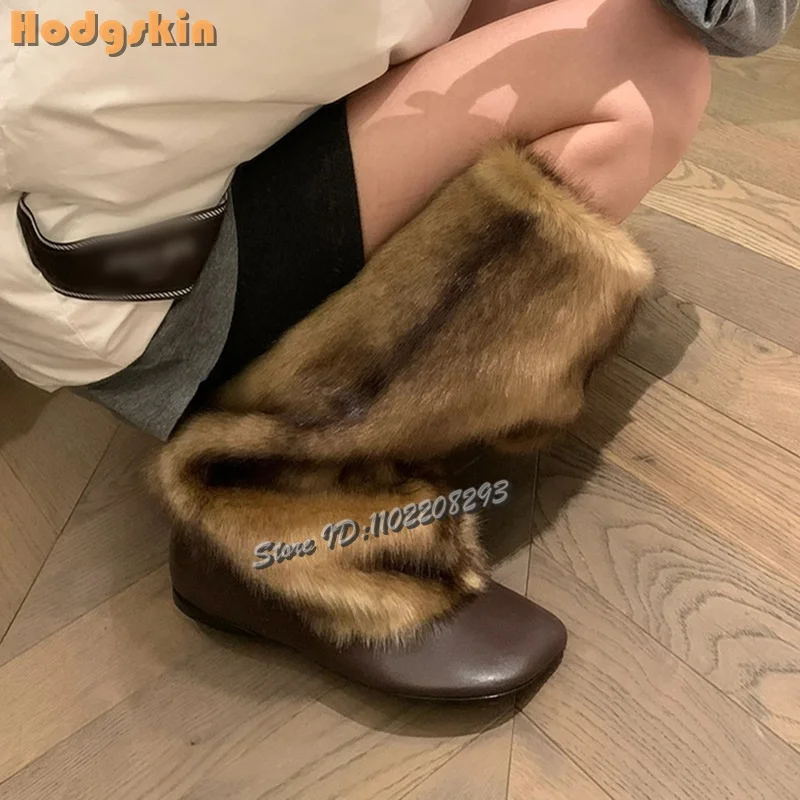 

Square Toe Faux Fur Knee-high Boots Retro Plus Velvet Warm Slip-on Snow Boots Women 2025 Winter New Fashion Shoes Street Style