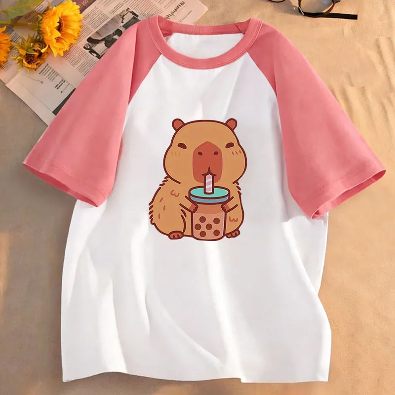 Girls' Cute Capybara Drinking Milk Tea Graphic T Shirts Kids Children's T-shirt Boys Girls Summer Spring Casual Top Tee Shirt