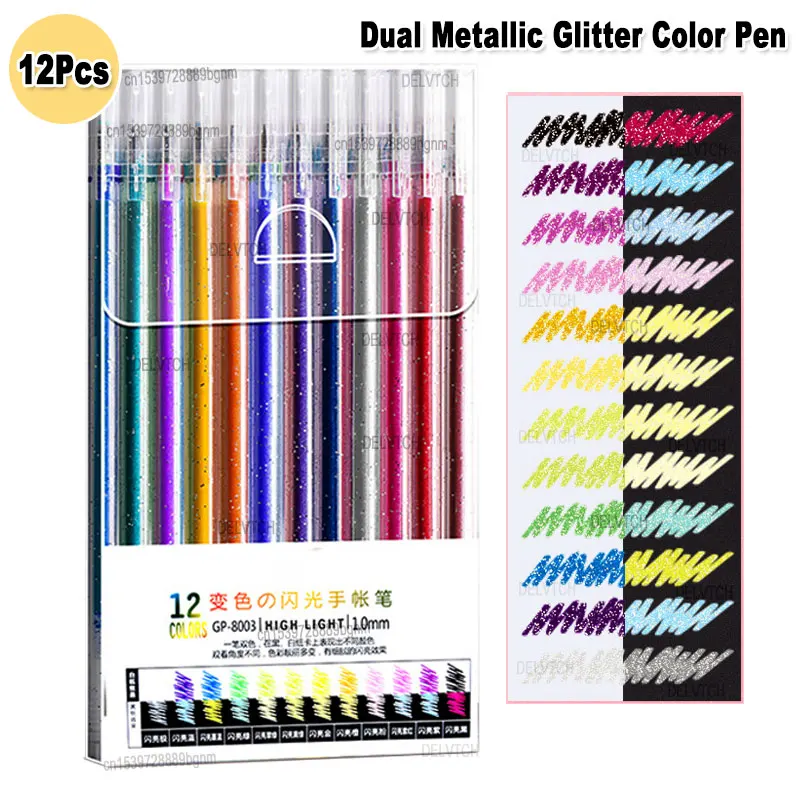 Imagem -03 - Dual Metallic Glitter Color Changing Highlighter Caneta Gel Dica para Art Drawing Scrapbooking Escrita Papelaria 1.0 mm Pcs 12 Pcs Set