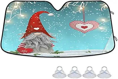 Lovely Traditional Gnome Car Windshield Sun Shade Foldable Christmas Branches Auto Front Window Sunshade, Accordion Folding Sun