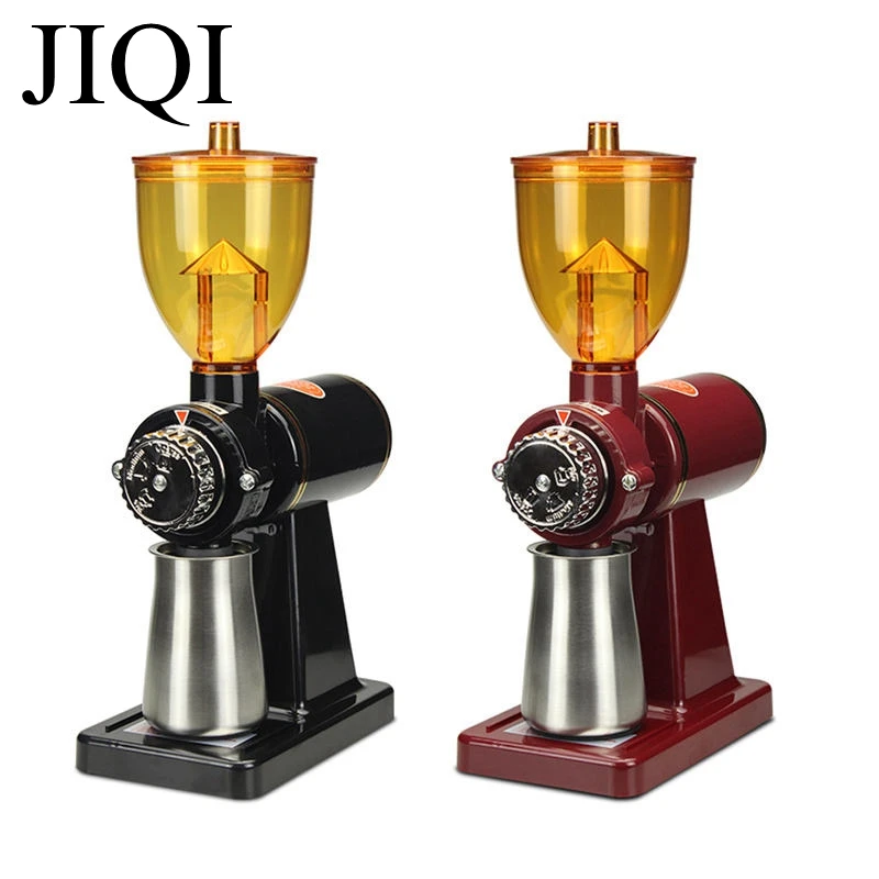 JIQI 110V 220V Improved Electric Coffee Grinder Espresso Coffee grinding Thickness Adjustable Stainless Steel Sieve Powder Tank