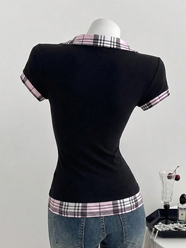 Summer Women  Korean Style Y2K Fake Two Piece Plaid Polo  Collar Slim Fit U-Neck Short Sleeve T-Shirt Top