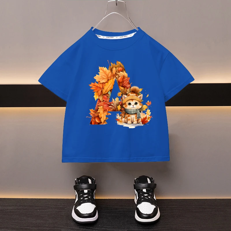 Maple Leaves Letter A Children T-shirt Kawaii Clothes for Girls T Shirt Anime Cartoons Casual Kid Boy Short Sleeve Tops New 2024