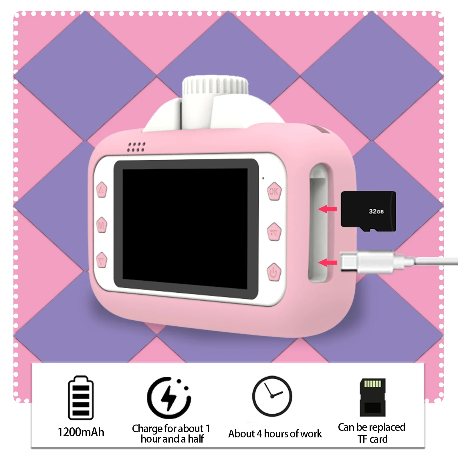 

Kid Camera Children 1080P Digital Camera Thermal Print 3.5Inch IPS Screen 180° Rotatable 4K Lens Photo Selfie 32GB Memory Card