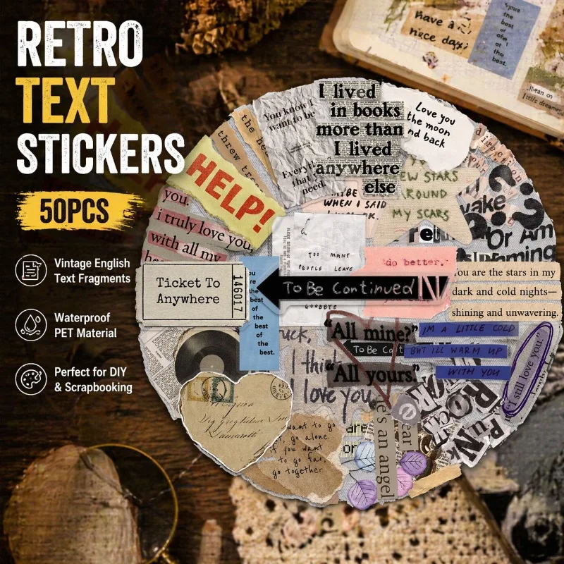 50 Pcs Retro Fragment English PET Stickers Transparent Texture Artistic Vintage Letter Motifs Waterproof Tough Film Creative