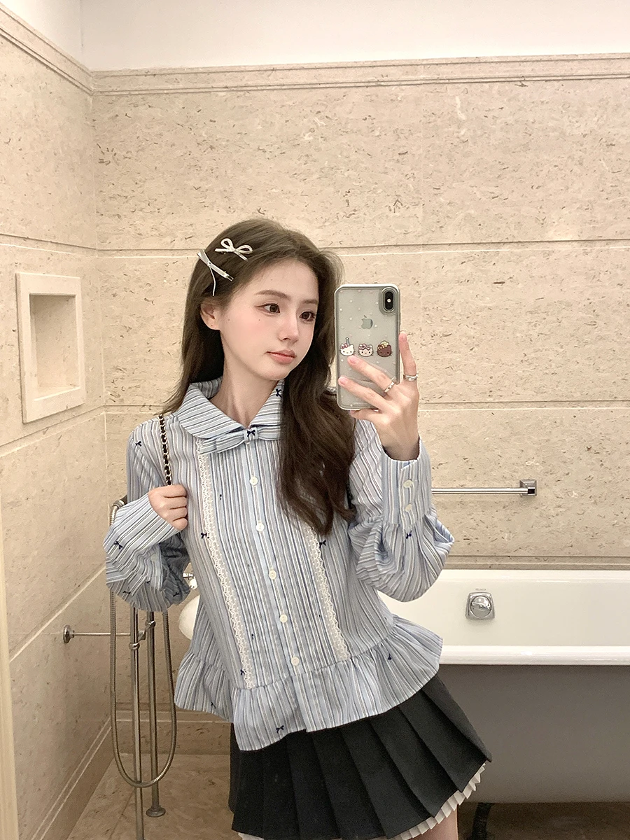 

Женская блузка Miu Sle College Preppy синяя в горошек с коротким рукавом, в полоску, с бантом, молодежная, для ранней весны