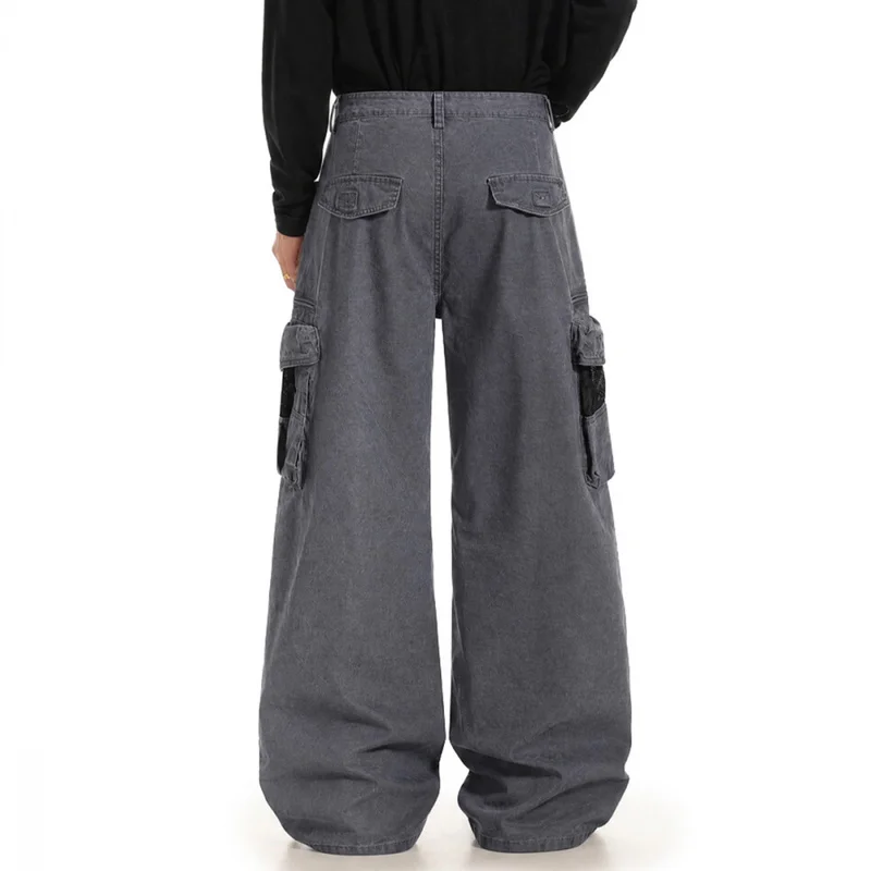 QICHE Unisex American‑Street Washed‑Vintage Multi‑Pocket Straight‑Cut Loose Workwear Casual Trousers